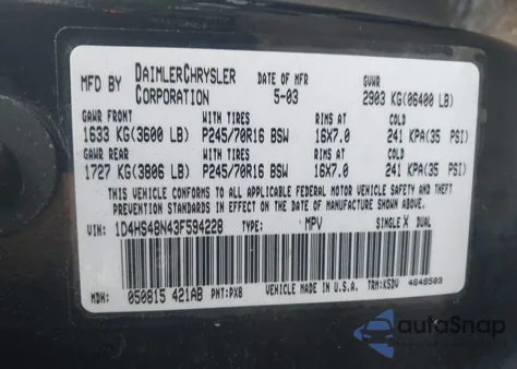 2003 Dodge Durango Slt из США, поврежденный, VIN 1D4HS48N43F594228